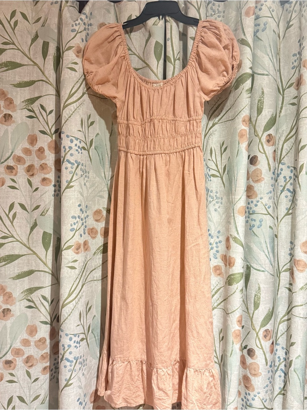 Smocked Puff-Sleeve Midi 100% Linen Dress in Peach - Women